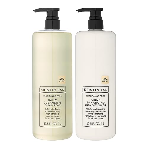Kristin Ess Hair Fragrance Free Shampoo and Conditioner 1 Liter Set for Sensitive Skin and Scalp - Sulfate Free and Color Safe Shampoo and Conditioner - Hydrating + Moisturizing - Vegan + Cruelty Free