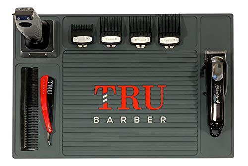 TRU BARBER Organizer Mat 18" X 13" (Charcoal Grey) Flexible PVC Station Mat, Salon Barbershop work station pads, Beauty salon tools, Counter mat for clippers, anti slip