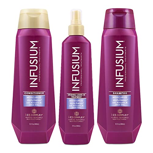 Infusium Professional Shampoo, Conditioner and Leave-In Treatment Set - Moisturize and Replenish - Avocado & Olive Oil, 3 13.5oz Bottles
