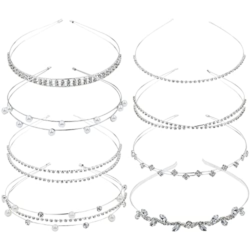 Lawie 8 Pack Sparkly Rhinestone Pearl Silver Metal Headbands,Double Slim Skinny Wire Hair Bands,Decorative Cross Hair Bands Accessories,Crown Tiara Hair Holder Fancy Hairbands for Women Girls