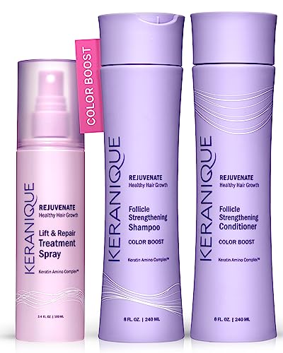 Keranique Color Treated Shampoo and Conditioner Set with Hair Thickening Spray - Keratin Enriched Color Boost Set w/Shampoo & Conditioner and Lift & Repair Spray for Women w/Fine, Thin, Colored Hair