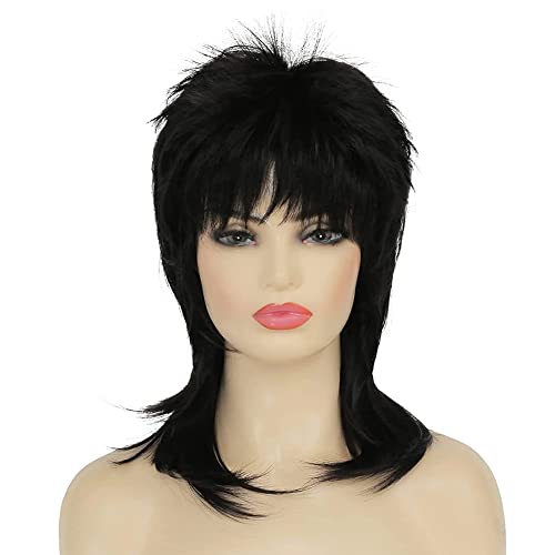 Amnenl Short Mullet Wig for Women Black Wig Shaggy Layered Wig Curly 80s Wig Heat Resistant Cosplay Daily Hair Wigs (Black)