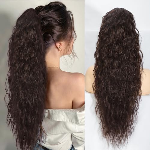 Rosooi 26 Inch Long Black Drawstring Ponytail Extension for Women Synthetic Long Curly Wavy Clip in Ponytail Hair Extensions for Daily Party Use (26 Inch, Natural Black)