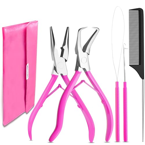 Beauty & Crafts Hair Extension Tools- Stainless Steel Pliers Set for Micro Beads- 1 Crochet Needle 1 Pulling Hook with Tail Comb- Micro Links Tool Kit with Leather Pouch- (Pink)