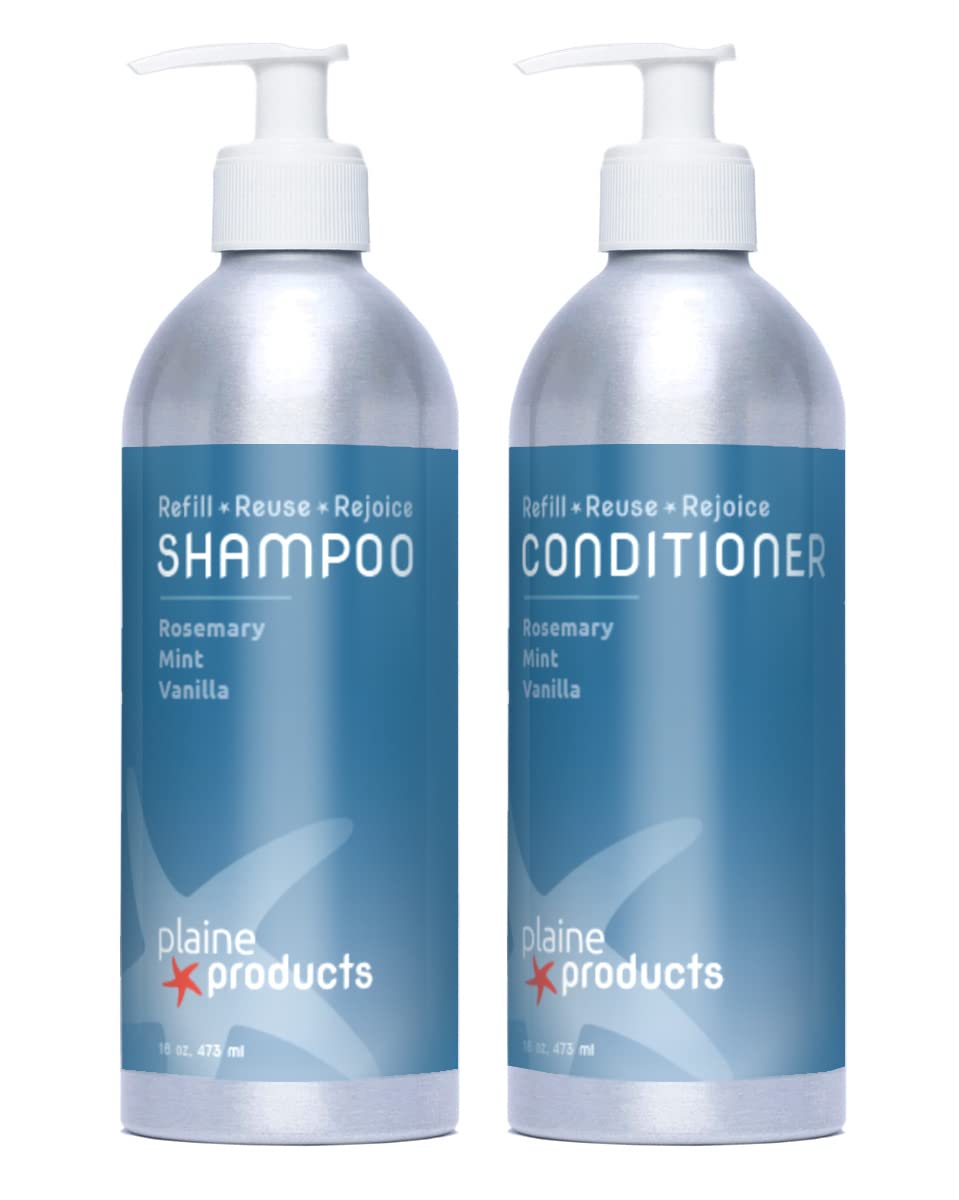 Eco-Friendly Shampoo and Conditioner - Rosemary, Mint, Vanilla - Sulfate Free, 16 oz (Refillable Bottles with pumps)