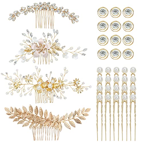 inSowni 36 Pack Gold Flower Leaf Bridal Wedding Hair Side Combs+U-shaped Pearl Hair Pins+Spiral Rhinestone Hair Clips Barrettes Formal Prom Headpieces Hair Pieces Accessories for Brides Bridesmaids Women Girls
