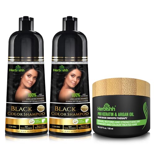 Combo Pack-2pcs Herbishh Hair Color Shampoo for Gray Hair+ 1pc Argan Intense Hair Mask- Hair Dye Shampoo – Colors Hair in Minutes – Long-lasting color– 500 Ml –Stimulates Dry Frizzy Hair (Black)