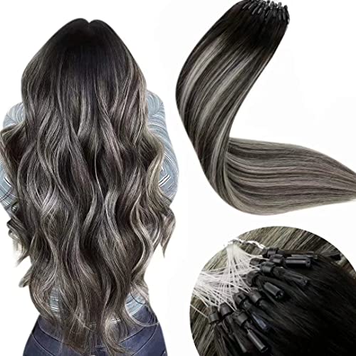 LaaVoo Micro Loop Human Hair Extensions Ombre Balayage Off Black to Grey Silver Micro Link Hair Extensions Real Human Hair Ombre Straight Micro Ring Hair Extensions Human Hair 18 inch 50g/50s