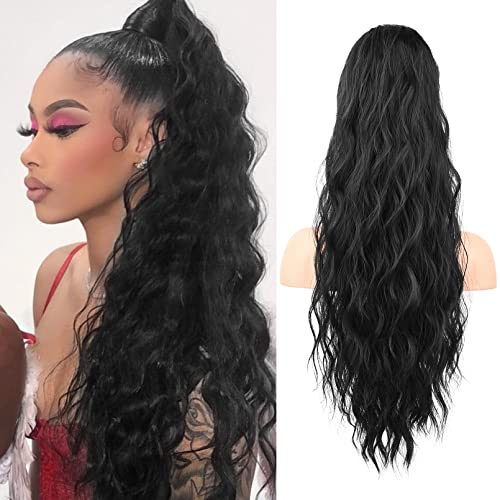 FLUFYMOOZ Ponytail Extension, 26 Inch Drawstring Ponytail Hair Extensions for Women,Long Curly Wavy Ponytail Natural Wavy Synthetic Hairpiece for Women Daily Use party (26 Inch Natural Black)
