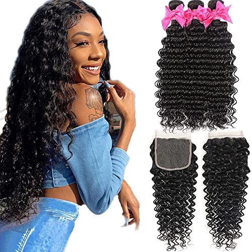 Aatifa Brazilian Deep Wave Human Hair 3 Bundles with Closure Unprocessed Virgin Human Hair Deep Curly Bundles with Free Part Lace Closure Natural Black, lace closure, (12/14/16+10 Inch)
