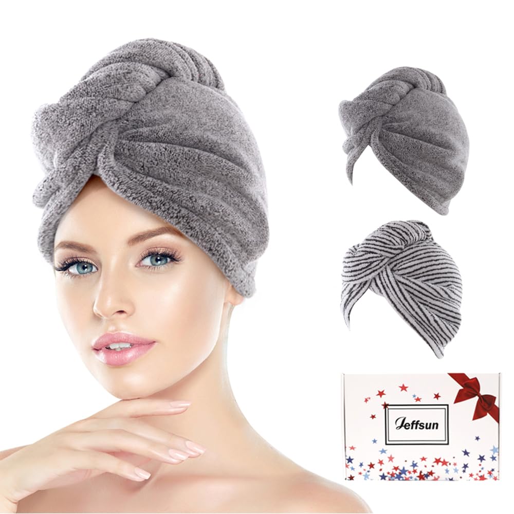 JEFFSUN Microfiber Hair Towel Wrap for Women Girls, 2 Pack Super Absorbent Quick Drying Head Wraps Turban for Curly Long Thick Frizzy Wet Hair, Womens Gifts Hair Dry Routine Must Have