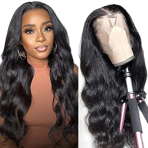 Anyweek 13x4 HD Transparent 26 Inch Lace Frontal Wigs Human Hair for Women 180% Density Glueless Wigs Human Hair Pre Plucked with Baby Hair Body Wave Lace Front Wigs Human Hair Natural Black Color
