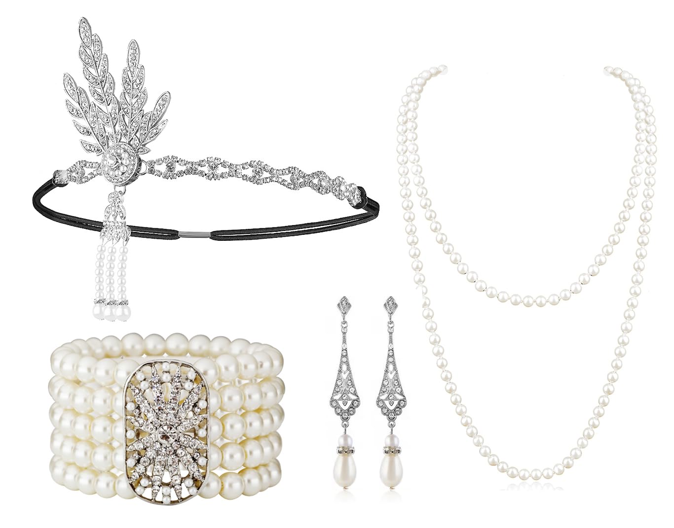 Art Deco 1920s Flapper Headband Great Gatsby Leaf Wedding Bridal Tiara Pearl Headpiece Headband gatsby costume accessories(A-Silver)