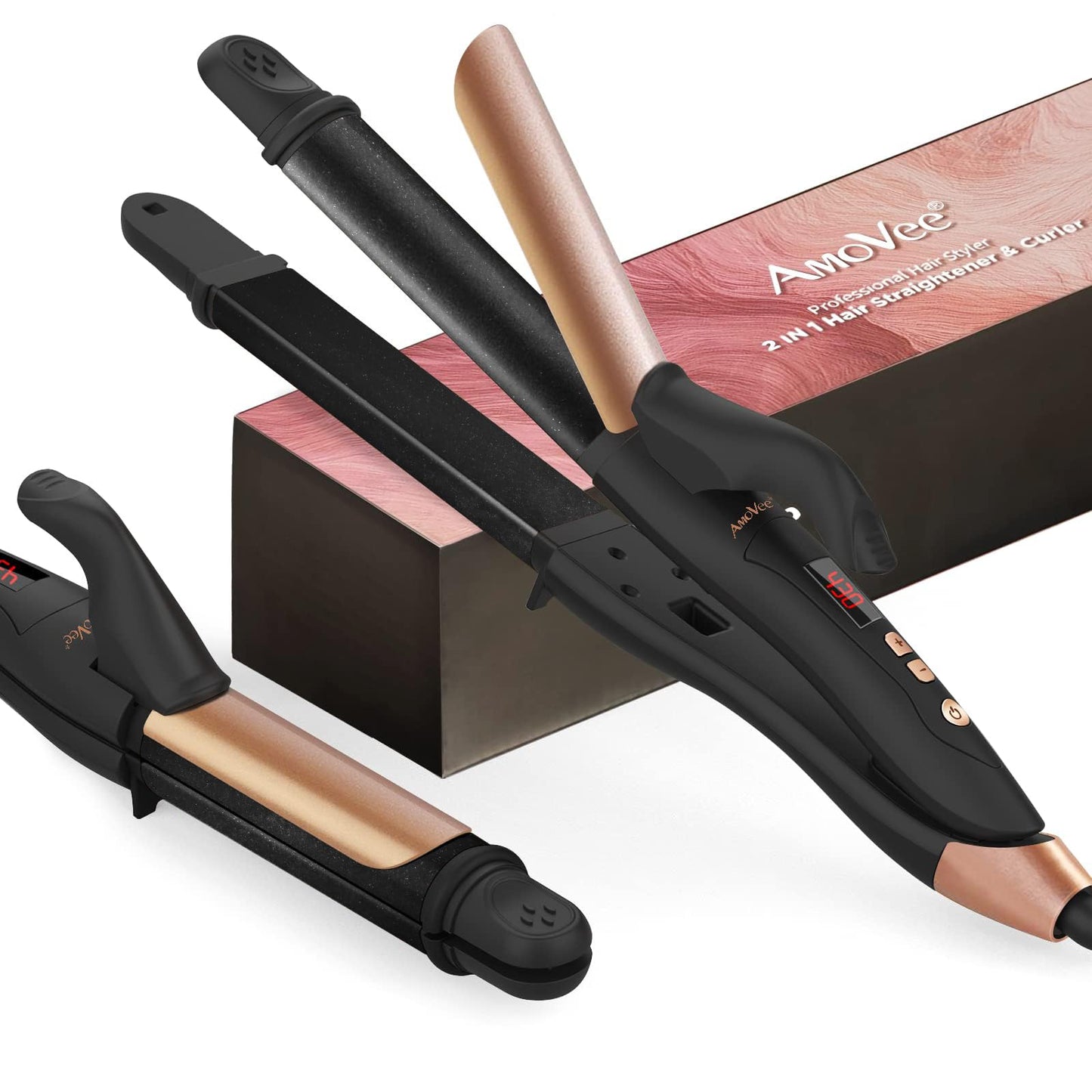 AmoVee Travel Curling Iron, 1.25 Inch Hair Straightener Curling Iron, 2 in 1 Flat Iron Ceramic Tourmaline, Dual Voltage Curling Iron, Adjustable Temp, Rose Gold