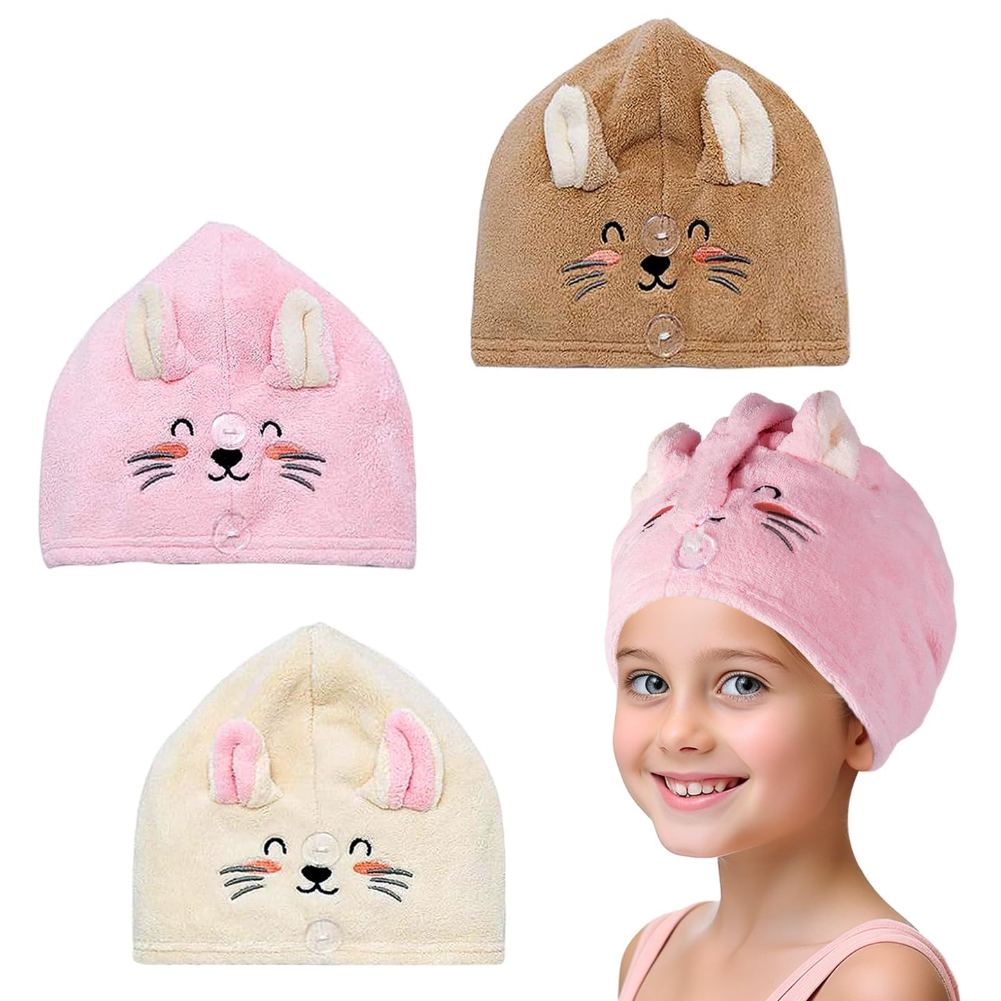 MADHOLLY Microfiber Hair Towel for Kids- Soft Super Absorbent Rapid Drying Hair Towel Wrap Turban for Girls Women with 2 Buttons- Anti-Frizz for Thicker Curly Long Hair, 3Pack, Kitty