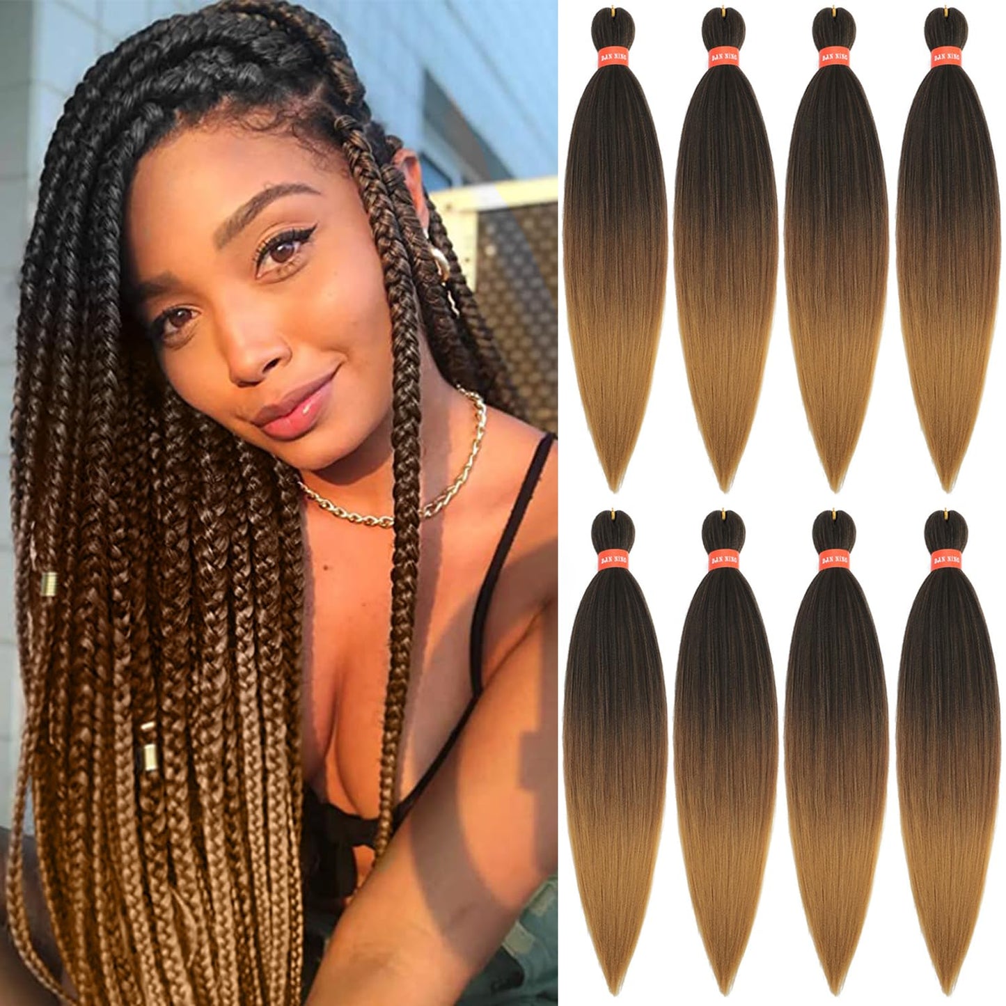 Yaki Braiding Hair Extensions, 8 Pre-Stretched 24'' Bundles, Itch Free, Crochet Twist, 1b/30/27