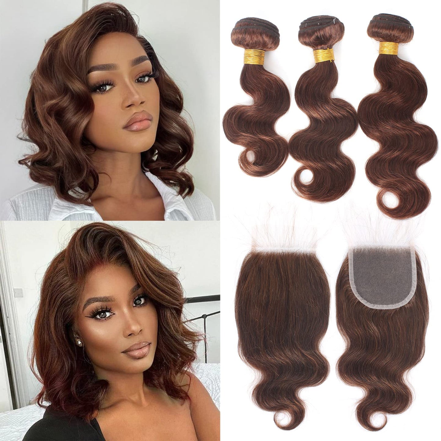Kapelli Hair Brazilian Body Wave Bundles with Closure (12 14 16+12) 10A Light Brown Body Wave Human Hair Bundles with Lace Closure Brazilian Virgin Hair 3 Bundles with Lace Closure with Baby Hair