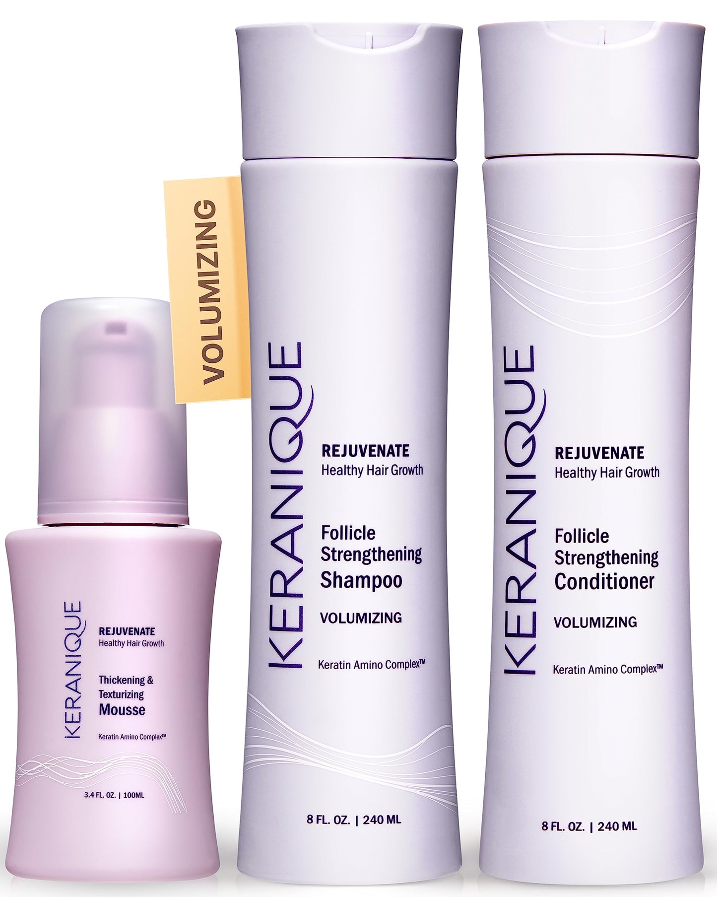 Keranique Volumizing Shampoo and Conditioner Set with Thickening Mousse - Keratin Enriched Volume Kit for Thinning, Fine, Damaged, Dry Hair - Color Safe, Sulfate Free, No Alcohol Formula for Women