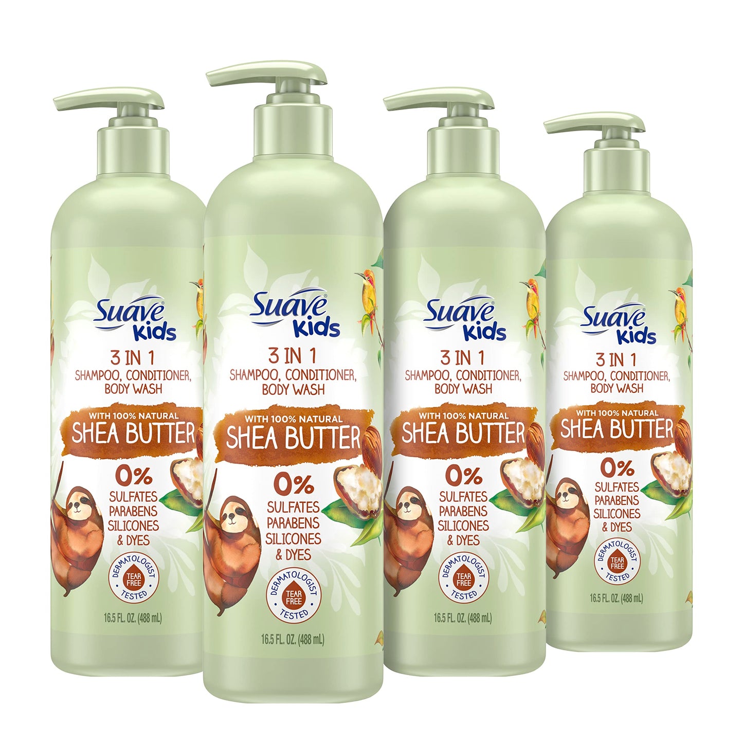 Suave Kids Naturals 3in1 Shampoo Conditioner Body Wash with Shea Butter 4 Pack Kids 3 in 1 Dermatologist-Tested and Tear-Free Shampoo Conditioner Bodywash 16.5 oz