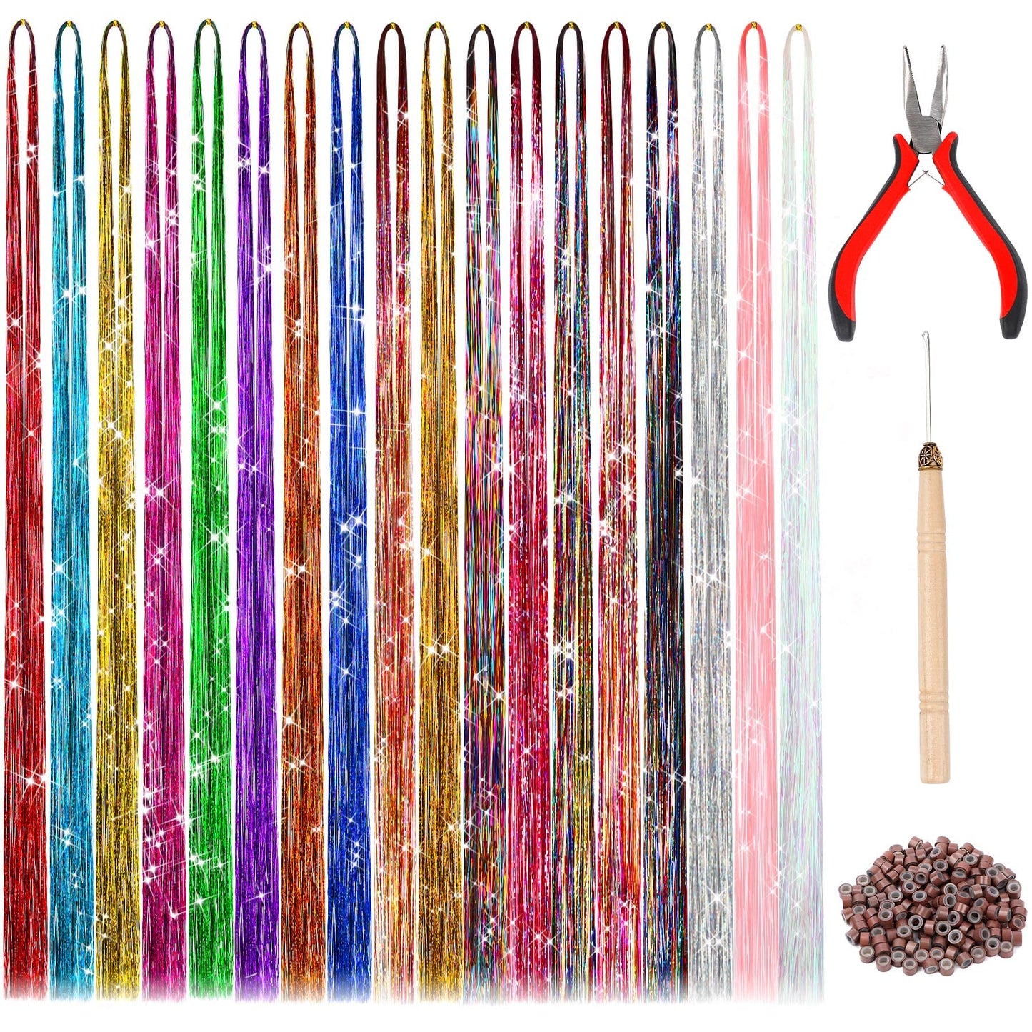 FEBSNOW 47 Inches Tinsel Hair Extension with Tool 3600 Strands 18 Mixed Colors Hair Extension Tinsel Kit Glitter Hair Extensions for Women Girls Hair Accessories for Christmas New Year Cosplay Party