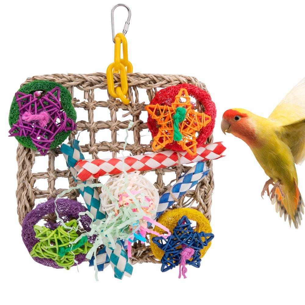 Pet Enjoy Parrot Climbing Net Chew Toy,Bird Foraging Wall Toy,Seagrass Woven Climbing Hammock Mat with Colorful Five-Pointed Star Shredded Paper Accessories