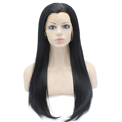 24inch Long Straight Black Lace Front Wig Natural Half Hand Tied Synthetic Fiber Hair Wig at Mxangel
