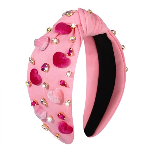 MOLOCH Valentine's Day Headband for Women Velvet Love Pink Heart Headbands Crystal Knotted Bejeweled Wide Fashion Hairband Valentines Day Galentine's Day Hair Accessories
