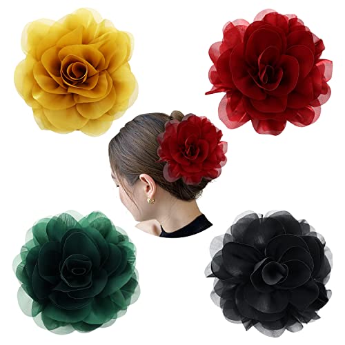 Cinaci 4 Pack Large Red Yellow Green Black Rose Flower Plastic Hair Claws Clips Big Chiffon Flower Bows Jaw Barrette Clamps Floral Ponytail Holder Bun Decorative Fancy Hair Accessories for Women Girls