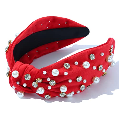 FEDANS Pearly Crystal Knotted Women Red Headband Luxury Jeweled Embellished Top Hairband Fashion Elegant Ladies Hair Band