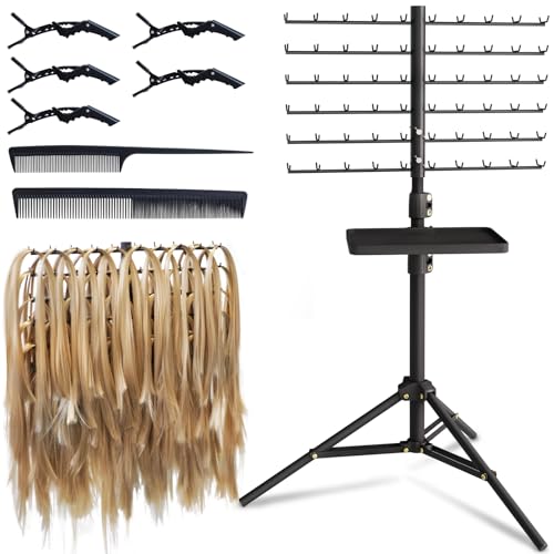 120-Peg Braiding Hair Rack Standing, with Salon Tray Hair Extension Holder Hanger, Hair Divider Rack for Braiding Hair Separator Stand, Hair Braiding Rack Display Stand for Hairstylist Braiders, Black