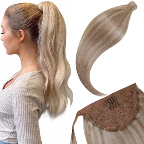 LaaVoo Hair Extensions Real Human Hair Ponytail Ash Blonde Highlighted Bleach Blonde Pony Tails Hair Extensions Wrap Around Ponytail Extension Human Hair for Women Highlighted 16 Inch 80g