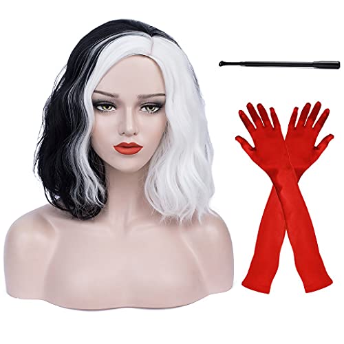 Ruina Black and White Wigs for Cruella Deville Costume Women Girls Dalmatian Costume Cruella Deville Wig Curly Wavy Wigs for Party Halloween Costume R019BW