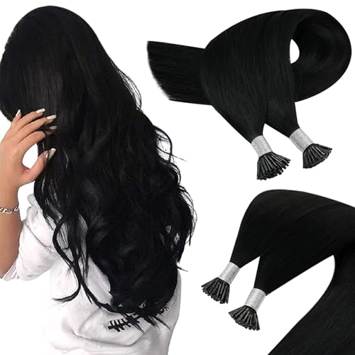 Sunny I Tip Hair Extensions Human Hair 50S I Tips Hair Extensions Jet Black Cold Fusion Itips Real Human Hair Extensions for Women Black Hair Extensions Long Straight 50G 24Inch
