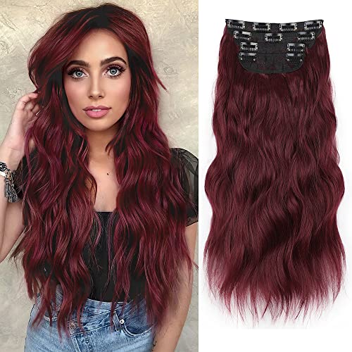 QGZ Hair Extensions 4PCS Thick Clip in Hair Extensions for Women - 20 Inch Synthetic Long Wavy Hairpieces for Daily Party Use(Burgundy)