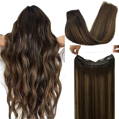 DOORES Hair Extensions Real Human Hair, Balayage Dark Brown to Chestnut Brown 16 Inch 95g Straight Remy Hair Extensions Invisible Hairpiece Wire Extensions with Fish Line for Women