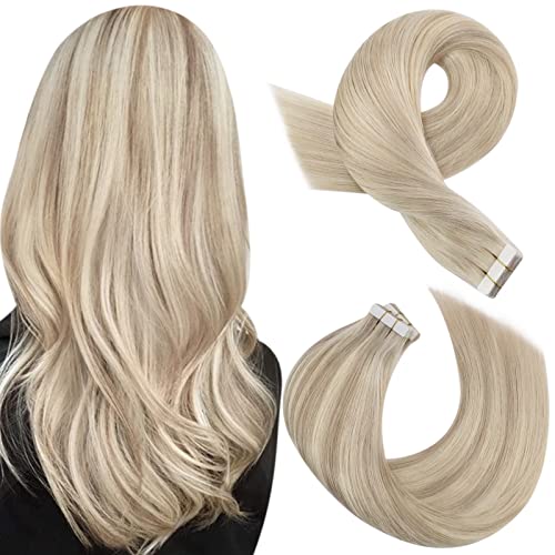 Moresoo Tape in Highlighted Hair Extensions Real Human Hair Ash Blonde Mix with Bleach Blonde Tape in Extensions Human Hair 20 Inch #P18/613 20pcs 50g