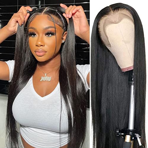 Straight 13x4 Lace Front Wigs Human Hair Hd Transparent Lace Frontal Wig Pre Plucked with Baby Hair 22 Inch Bone Straight Glueless Human Hair Wig Brazilian Straight Wig 150 Density Black for Women