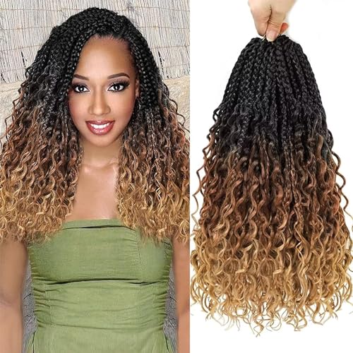 Goddess Box Braids Crochet Hair For Women14 Inch 8 Packs Crochet Braids With Curly Ends Ombre Pre Looped Boho Box Braids Bohemian Goddess Braids Crochet Hair (14 Inch (Pack Of 8), 1B/30/27)