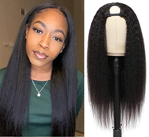 U Part Wig Kinky Straight Wigs for Black Women, 12 inch Italian Half Wig Upgraded U Shape Clip in Wigs Yaki Straight UPart Remy Human Hair Extension