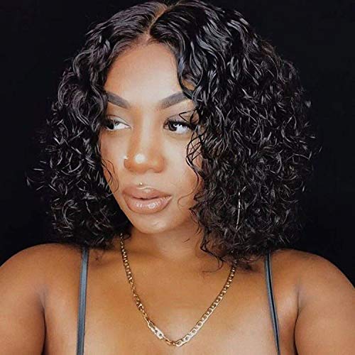 Fine Plus 150% Density Curly Wigs for Black Women Brazilian Human Hair Glueless Short Curly Wigs for Women Natural Black Wig with Middle Part Lace 12 Inch