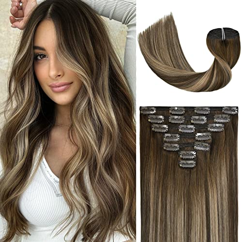 VARIO HAIR Clip In Human Hair Extensions, Brazilian Hair 100g 7pcs Chocolate Brown to Caramel Blonde Highlight Brown Full Head Silky Straight 100% Human Hair Clip In Extensions 12 Inch