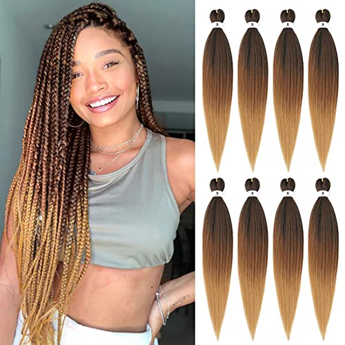 Bileaf Pre Stretched Braiding Hair 26 Inch Ombre Braiding Hair 8 Packs Ombre Kanekalon Braiding Hair Prestretched braiding hair Ombre Colors Hair Extensions for Braiding Hair Ombre Color(1B-30-27)