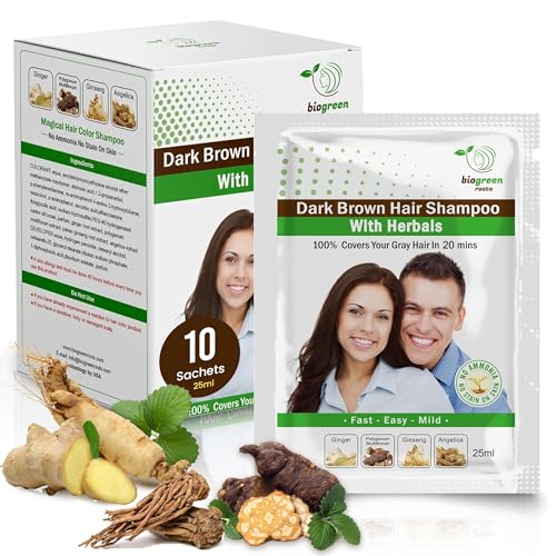 BIOGREEN ROOTS Shampoo Dark Brown 10 pouches with gloves-Hair color shampoo with herbals-Covers Gray Hair for Men and Women- Clinically Tested hair Color Shampoo for All Hair Types-250ml