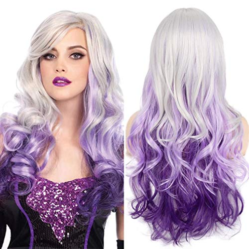 Beweig Long Curly Wavy Silver Grey to Purple Wig Side Part Natural Looking Synthetic Cosplay Wig for Women