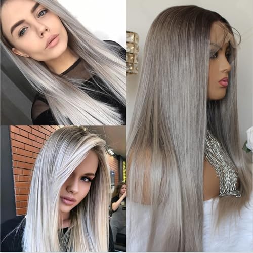 Aisom Ash Grey Lace Front Wigs For Women Synthetic Ombre Lace Frontal Wig Dark Roots Ash Brown Long Wig Lace Front Synthetic Wigs 24 inch