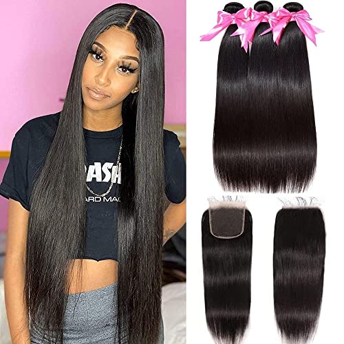 BELEXTENS 10A Straight Bundles with Closure Human Hair 14 16 18 with 12 Brazilian Human Hair Bundles with Closure 100% Unprocessed Virgin Remy Straight Hair Weave 3 Bundles with Closure 4x4 HD Lace