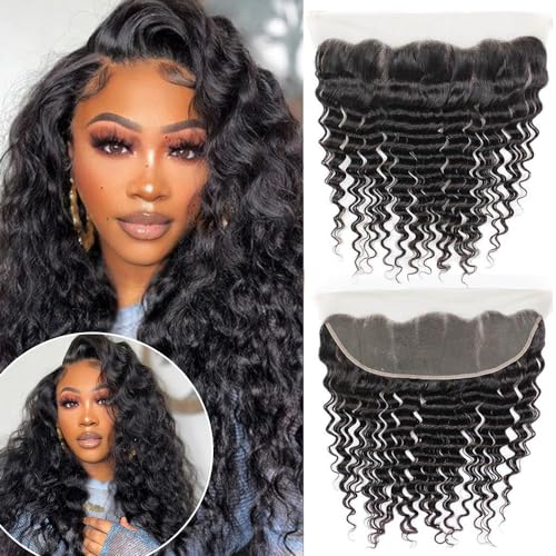 QTHAIR 10A Ear To Ear 13x4 Deep Wave Frontal Closure Brazilian Hair(18",Natural Black) Brazilian Deep Wave Frontal Closure Top Swiss Lace Frontal Closure With Baby Hair Brazilian Virgin Human Hair