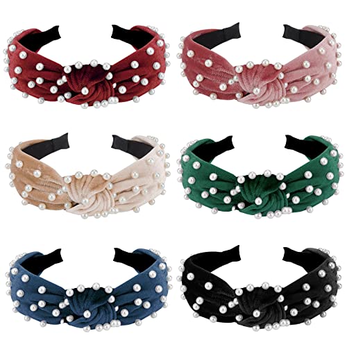Jaciya Headbands for Women 6 Pack Knotted Headbands Pearl Headband Wide Top Knot Velvet Headband for Women Turban Hairband for Women