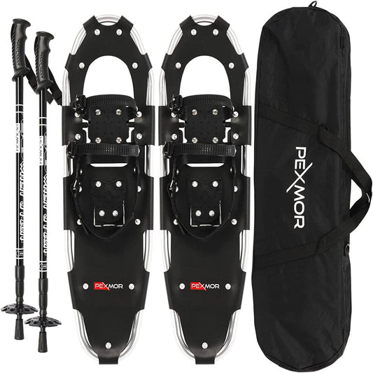 PEXMOR 3-In-1 Aluminum 21"/25"/30" Snowshoes with Poles, Adjustable Ratchet Bindings & Carrying Bag for Men Women Youth, Durable Terrain Snow Shoes for Hiking Climbing