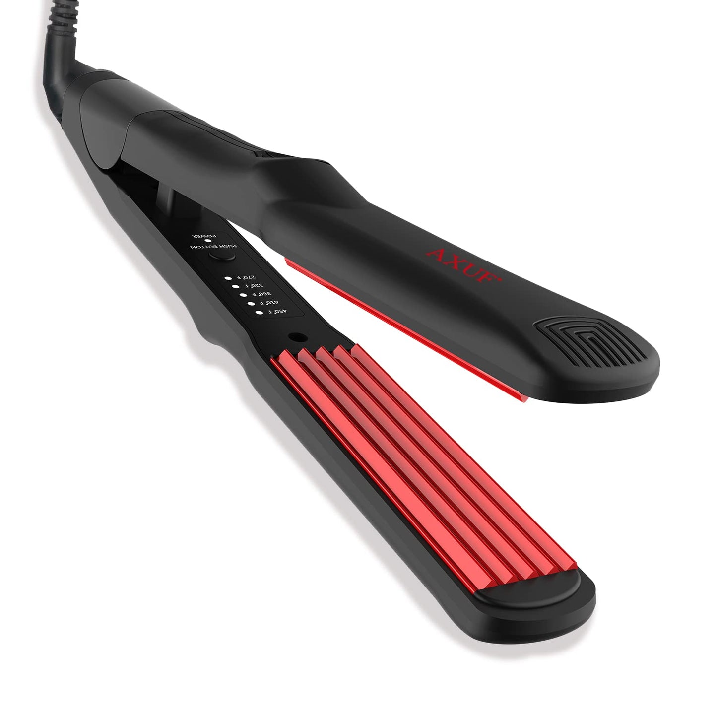 AXUF Crimper Hair Iron,Professional Ceramic 1”Wide Plates Crimping Iron with 15s Fast Heating & 5 Temp Setting,Dual Voltage,Black/Red